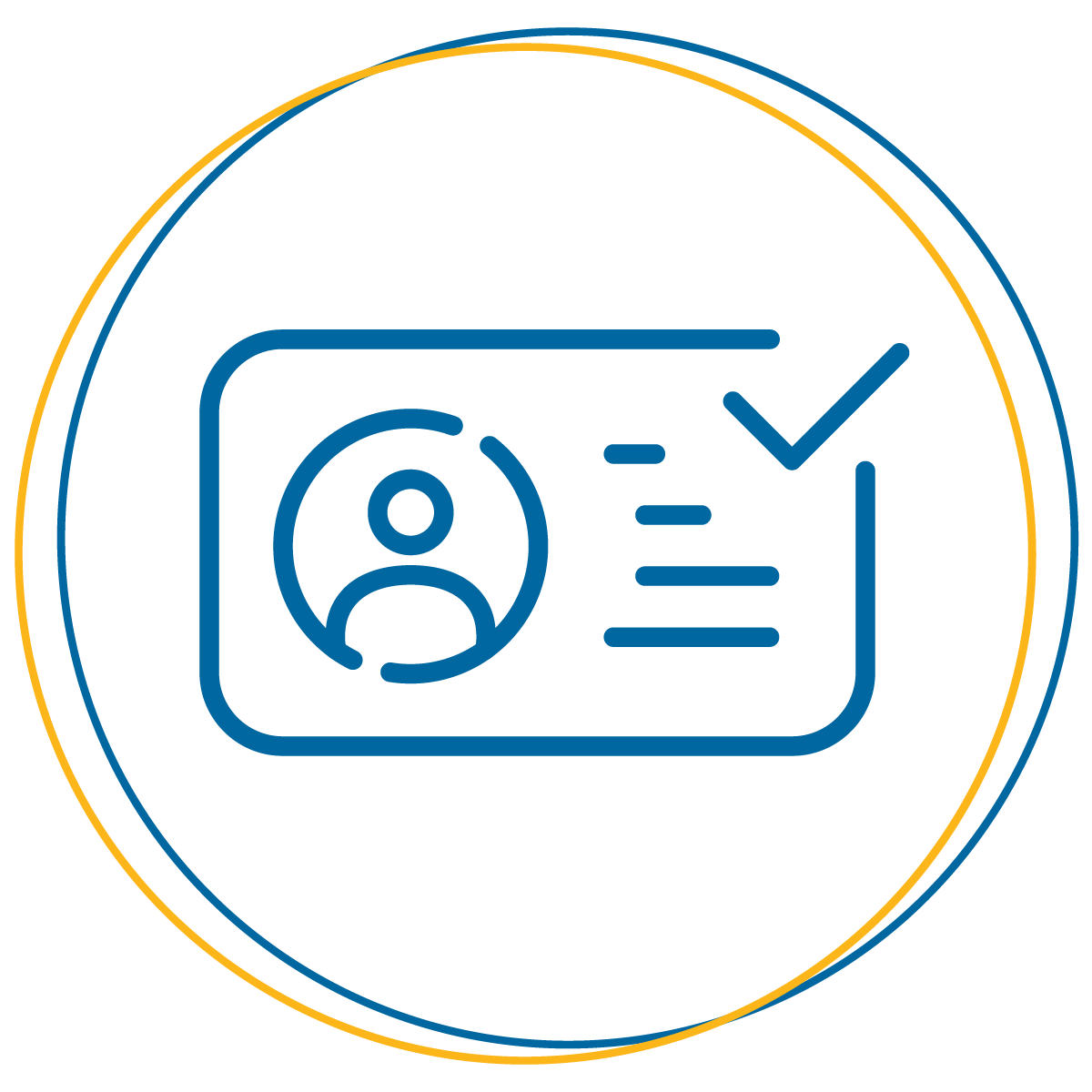 Icon - ID badge with a checkmark in the corner.