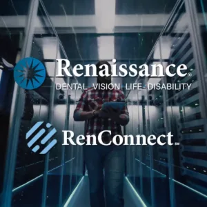 Man walking down an aisle in a computer room, holding a tablet. The RenConnect logo is superimposed on top of the image.