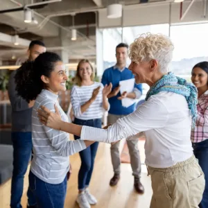 Smiling woman congratulates a colleague in a casual office setting as teammates stand nearby clapping and smiling.