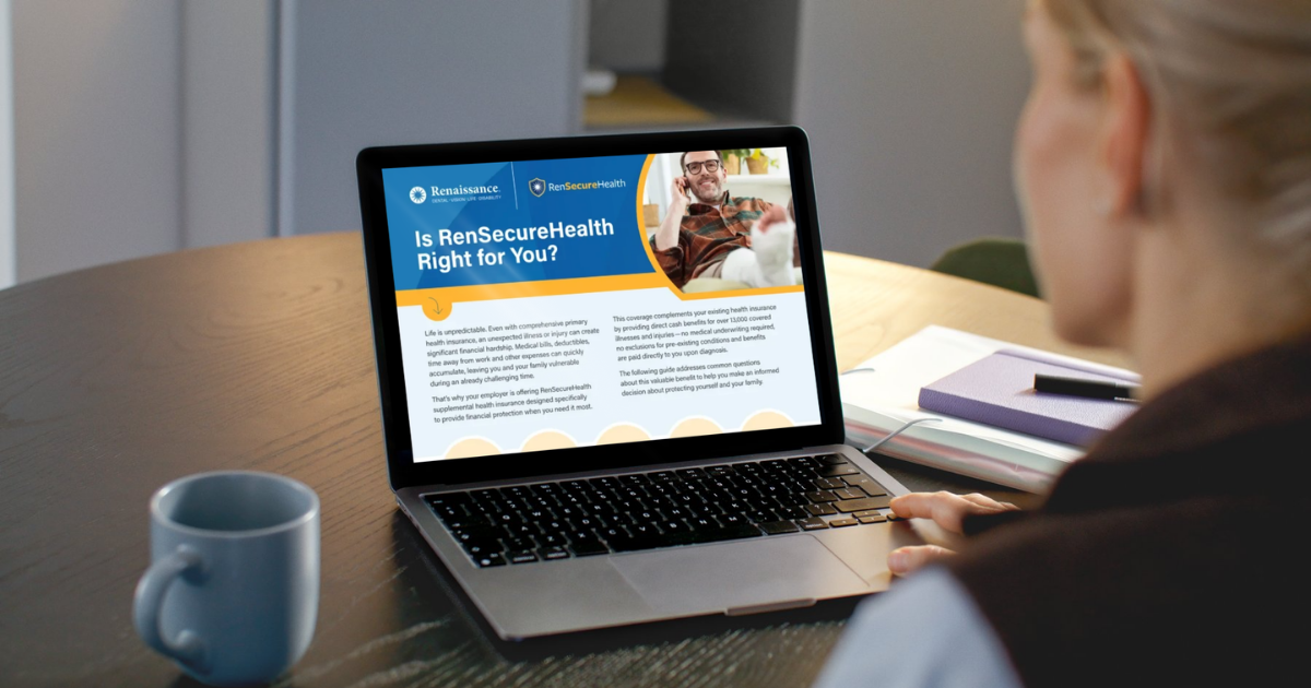 Featured Image (1) Employee reading a benefits education document on her laptop with the headline "Is RenSecureHealth Right for You?"