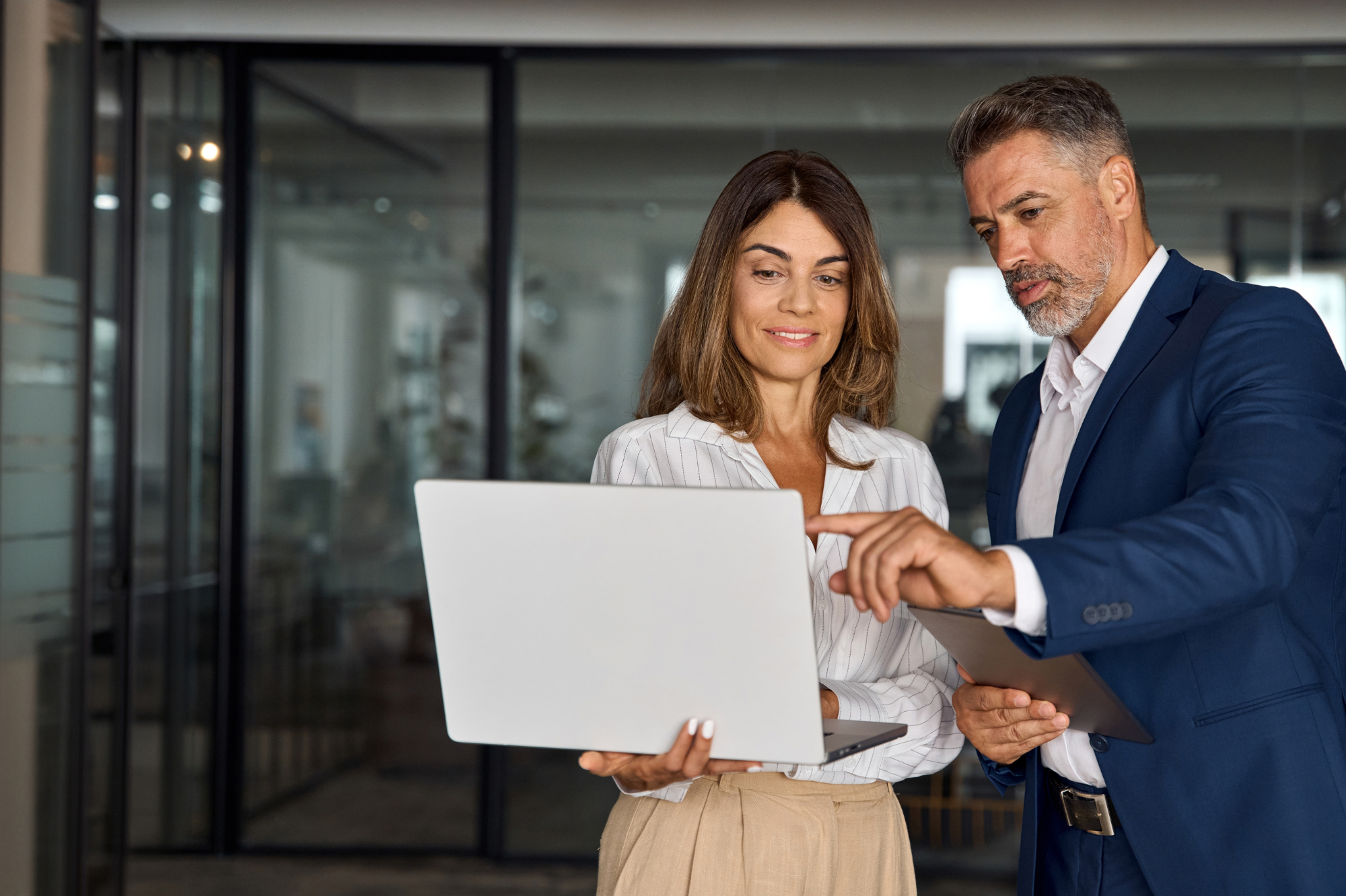 Professional woman and man looking at a laptop and discussing business